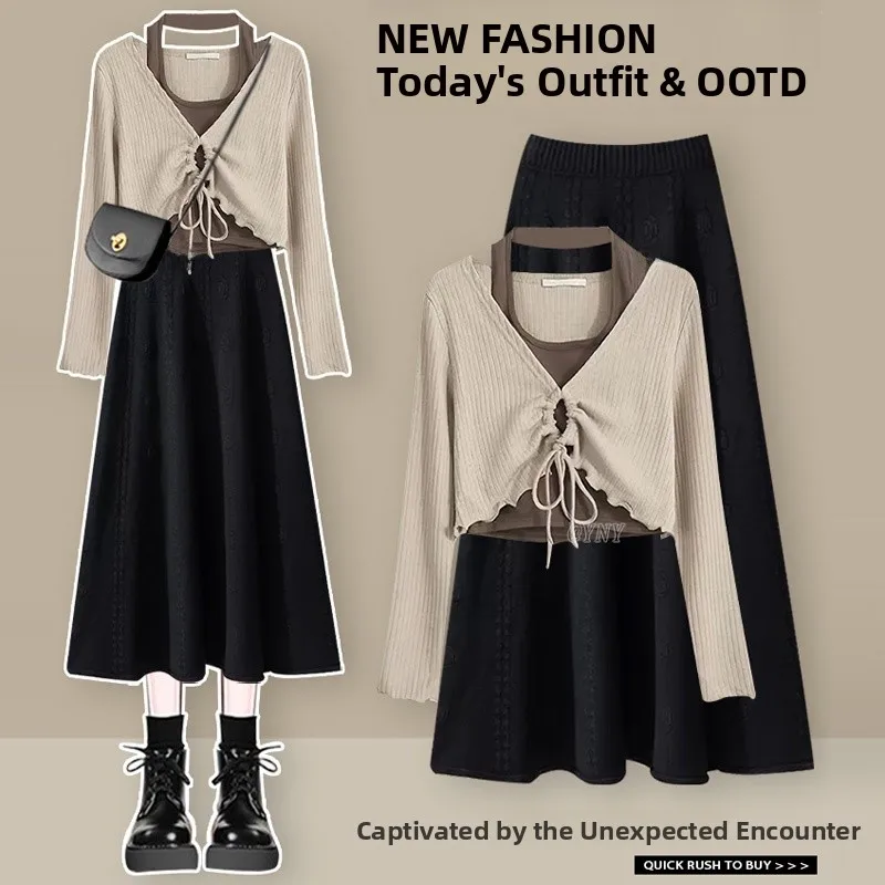 

Slimming High Waist Midi Skirt And Top Set Women's Fashion Autumn Outfit V-neck Long Sleeve Elegant Style Student Work Uniform