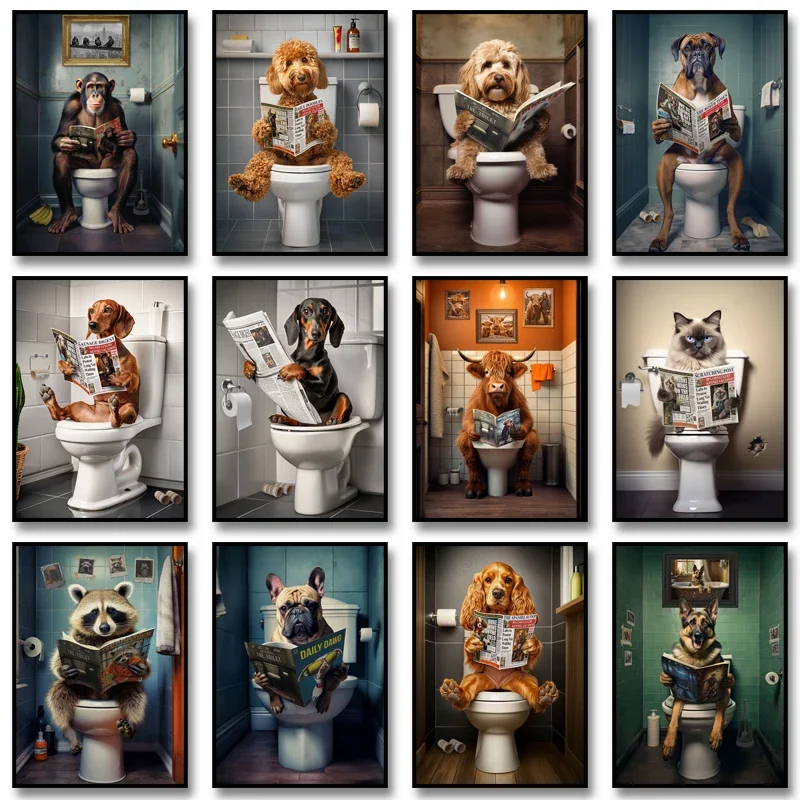 Goldendoodle-Póster de periódico de lectura de muelle, mono, vaca de las tierras altas en el baño, lienzo impreso con animales, pintura divertida para decoración de pared de baño
