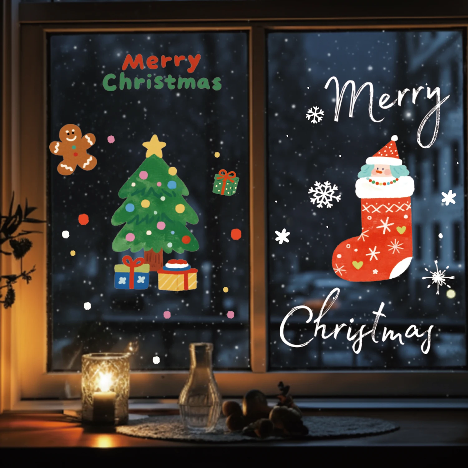 Double-side Window Sticker Christmas Tree and Stocking Gift Decal,Static Clings Reusable Glass Film for Home New Year Decor