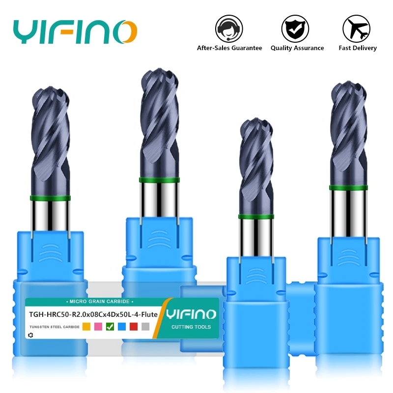 YIFINO TGH-HRC50 4-Flute Tungsten Steel Carbide Green-Ring Coating Ball End Milling Cutter CNC Mechanical Machin End Mill Tools