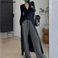 2023 American Retro Single-Brested Buttons Knitted Maxi Long Cardigan Sweater Woman V collar Full Sleeve Jumper Slim Knitwear