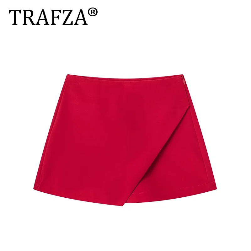 TRAFZA-Mini Calções de Saia Preta Feminina, Saia Assimétrica, Cintura Alta, Verão, Casual, Bermudas