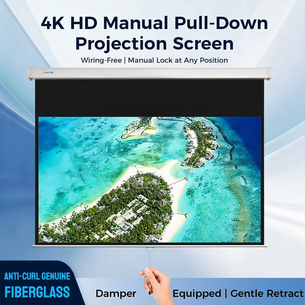 Manual Pull down Projection Screen 84-120 Inch Self-Locking Damped Slow Retraction No Power Required 4K HD Home And Office Use