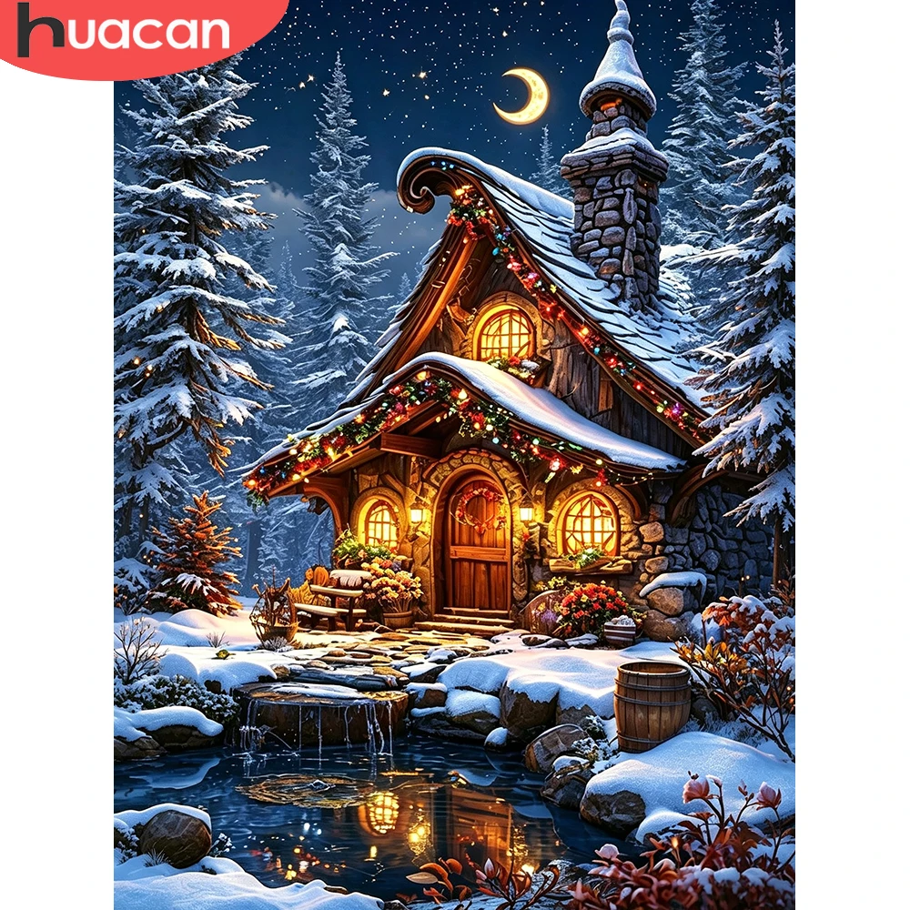 HUACAN Diamond Painting House Winter Landscape Mosaic Snow Night Personalized Gifts Rhinestones Full Drill Home  Decor