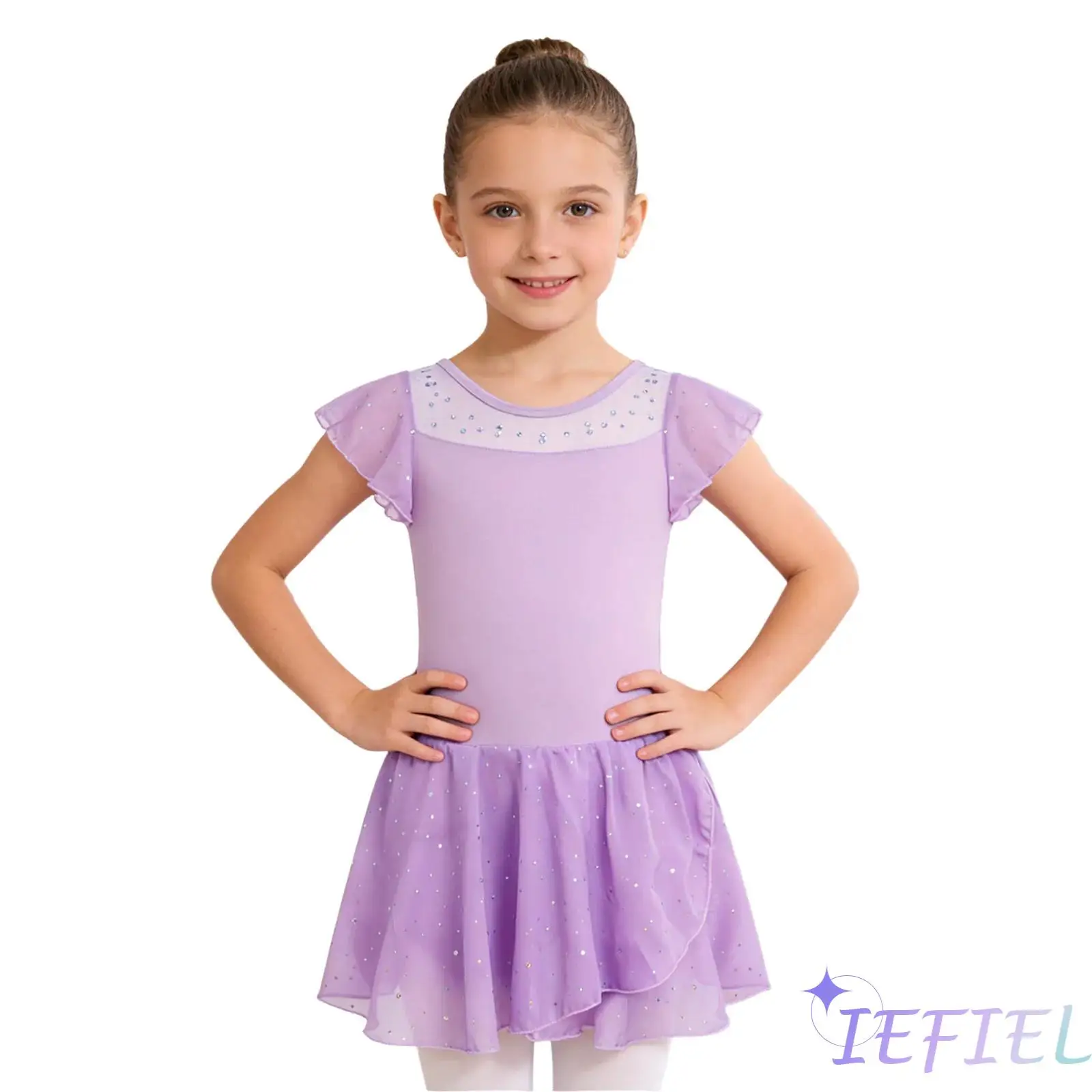 

Kids Girls Shiny Sequins Ruffle Sleeves Ballet Dress Mesh Patchwork Chiffon Dance Dress Lyrical Gymnastics Dance Clothes