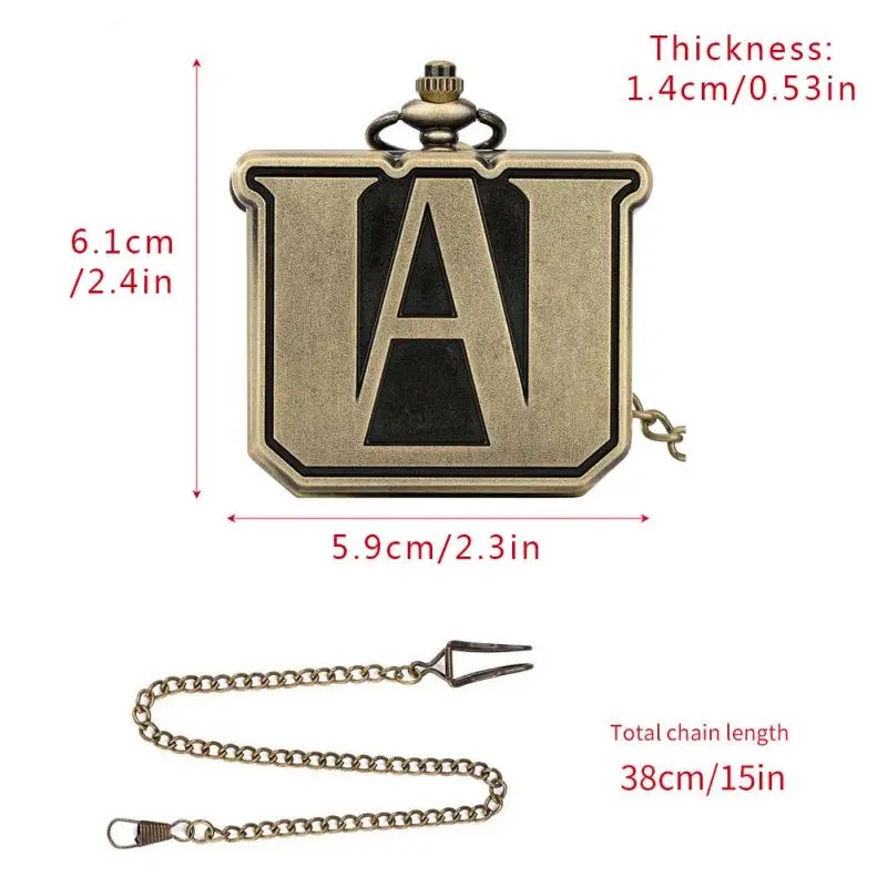 Bronze My Hero Academia Anime Quartz Pocket Watch Square Shaped Alloy Metal Steampunk Men Watch with Chain Antique Clock Vintage