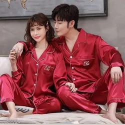 Couple Pajamas Set Women's Summer Ice Silk Long-sleeved Pajamas for Men and Women Over Size Homewear Sleepwear pyjama pour femme