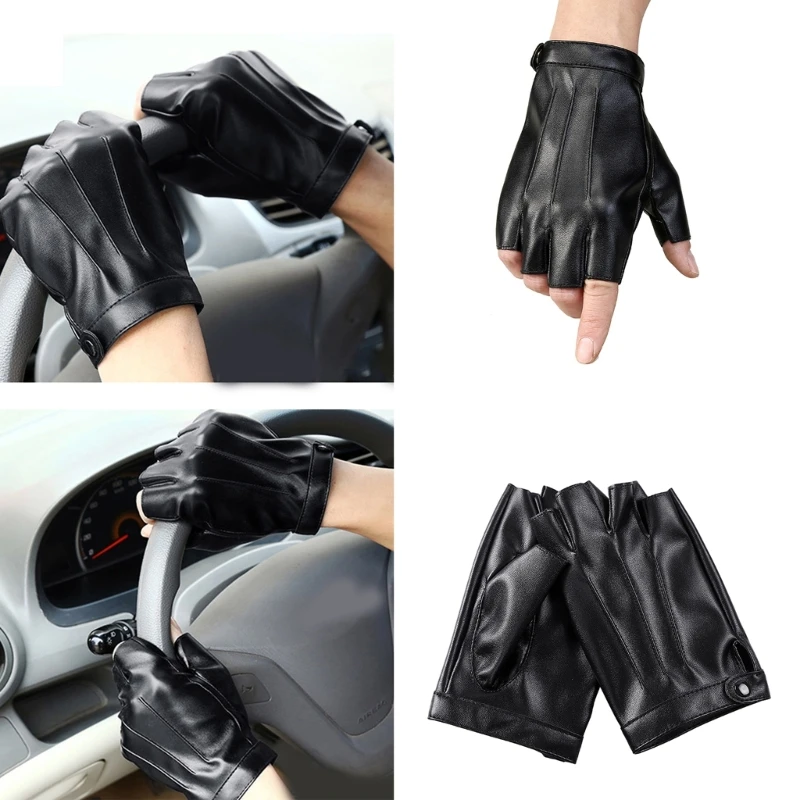 Y2K Half Finger Gloves Women Men Non-slip Black PU Adjustable Strap Biker Gloves Role Play Costume Mittens Festival Party Props