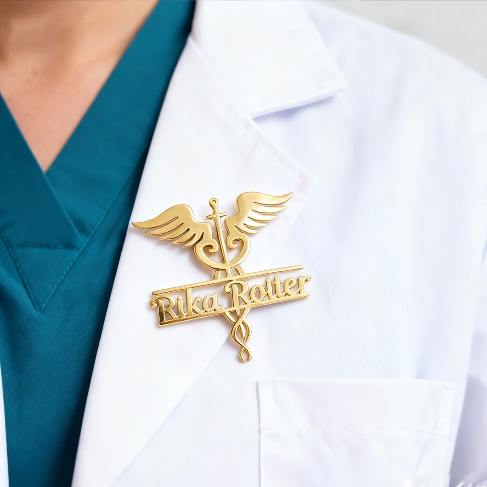 Custom Name Caduceus Brooch Personalized Medical Snake Scepter Wings Lapel Pin for Doctor Nurse Medical Student Jewelry Gifts view 3