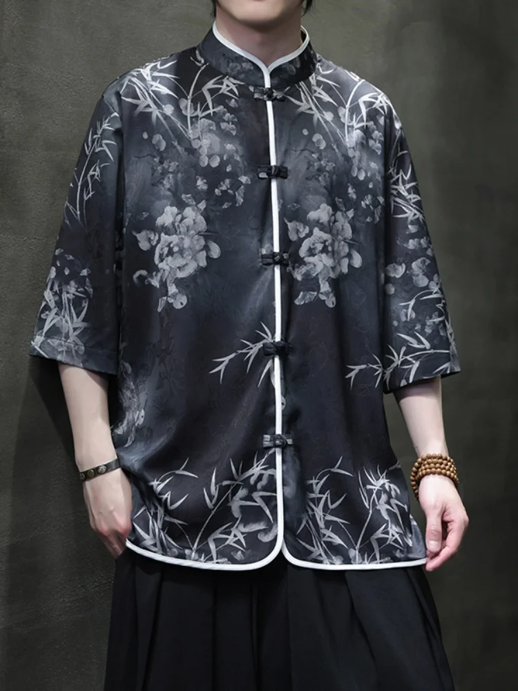 

Ice Silk ort Sve Men's irt Summer Chinese Sle Hanfu Dao Pao Retro Button up Top Loose Fit Printed Youth Faion