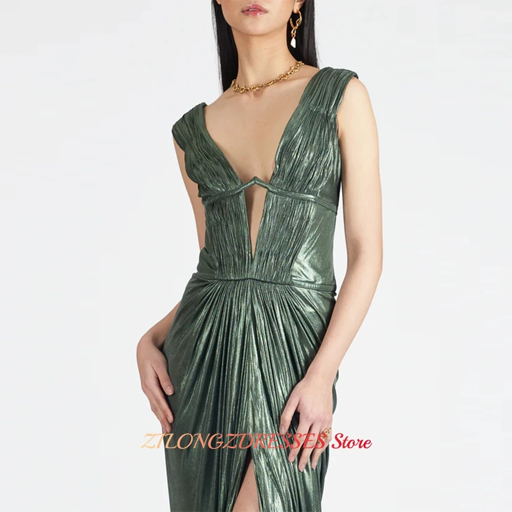 Sexy V-Neck Sleeveless Prom Dresses Customized Green Satin Evening Dress Modern Open Back High Split Special Occasion Gowns image 4