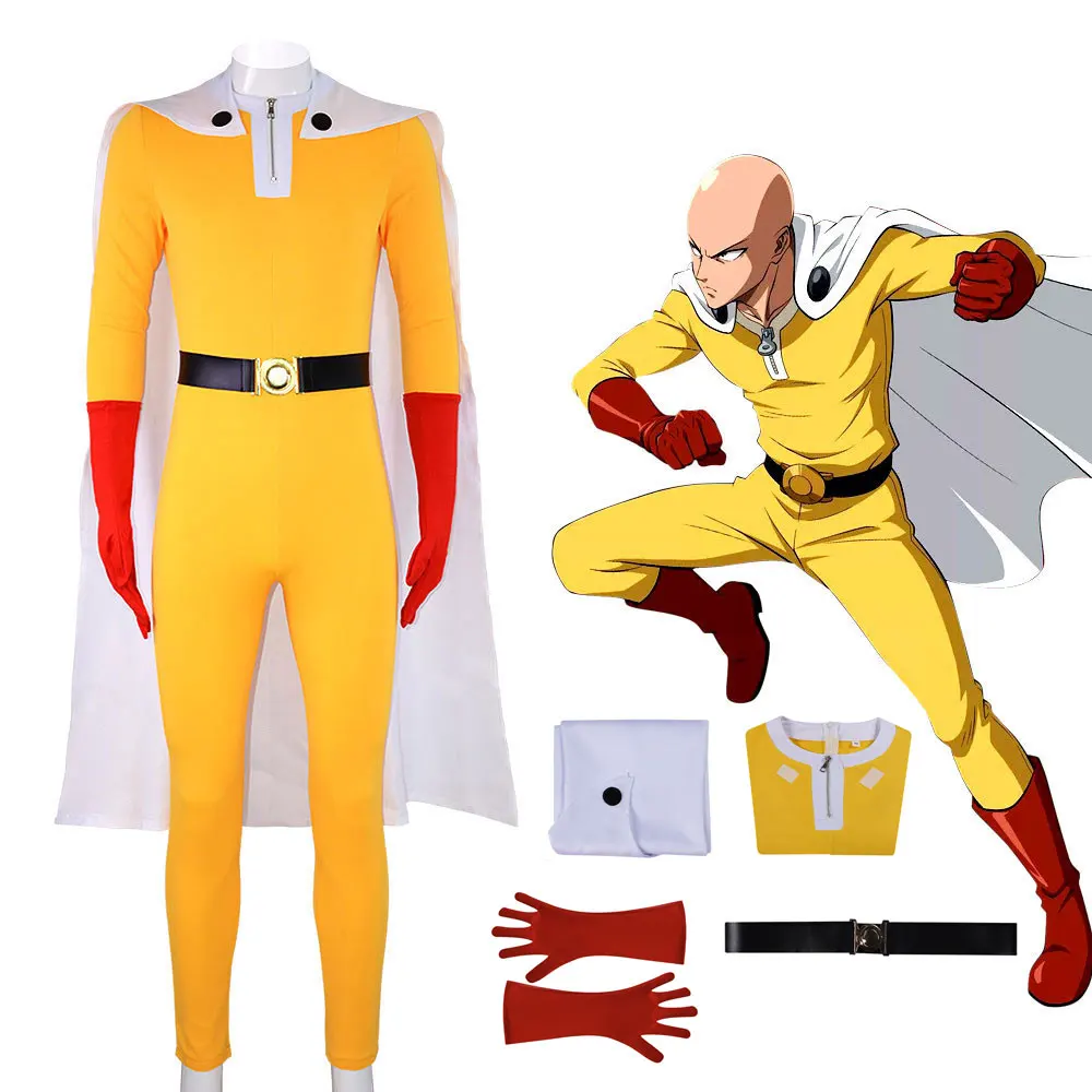 One Punch Man Saitama Cosplay-Kostüm Komplettset für Erwachsene Gelber Heldenanzug Jumpsuit mit Umhang Handschuhen Gürtel Cosplay-Party-Outfit