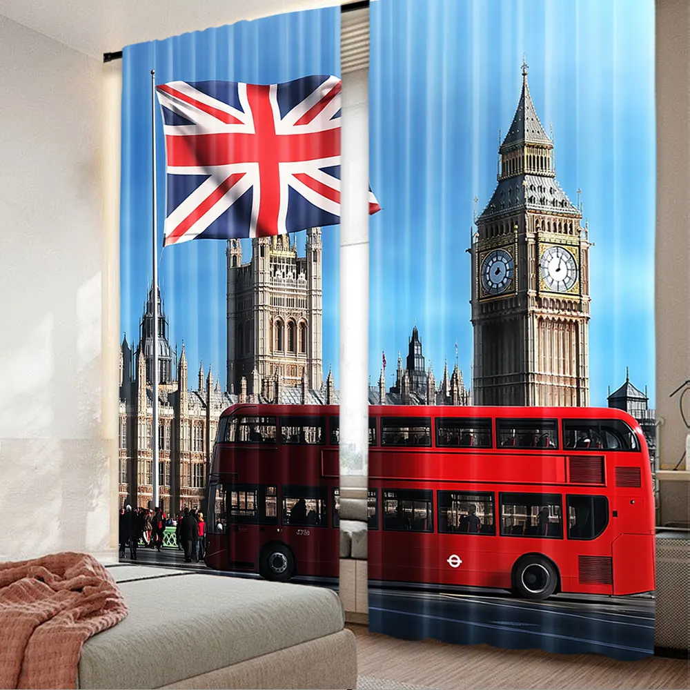 2Pcs Big Ben London Street Backdrop Curtain British Flag England Parliament House Buildings For Living Room Bedroom