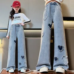 Girls Denim Wide Leg Pants with Heart Design Big Flare Pants Loose Jeans For Girls Casual Children Spring Children's Clothes