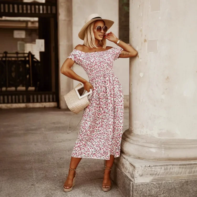 Vrouwen vierkante kraag katoenen print jurk casual korte mouw slanke hoge taille bloemen uit de schouder vakantie strand lange jurk