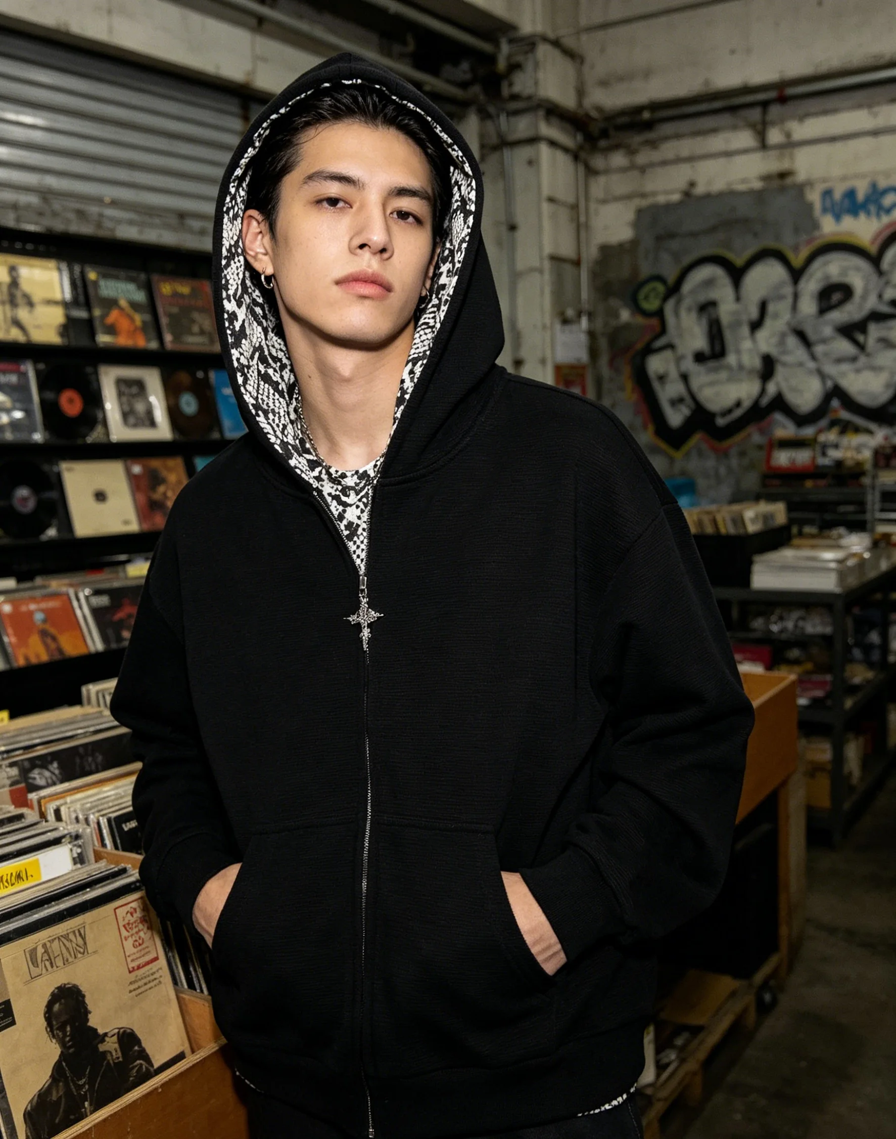 Abandoned soil style niche black hooded cardigan sweatshirt with snake pattern contrasting lining and cross zipper design, loose