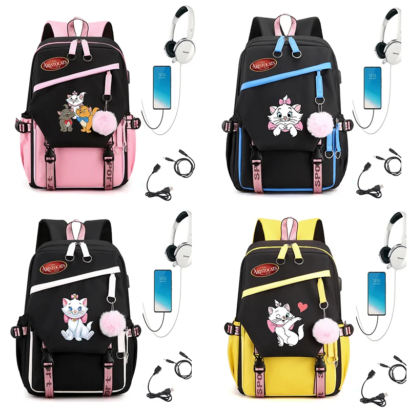 

Disney The Aristocats Marie Cat Men's Women's Backpack Girls Boys Teenager Children Rucksack School Bags USB Charging Backpack