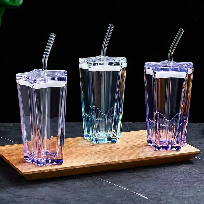 Starry Sky Cup High Appearance Large Capacity Gradient Glass Water Cups Fruit Juice Coffee Mug with Straw Daily Drinkware