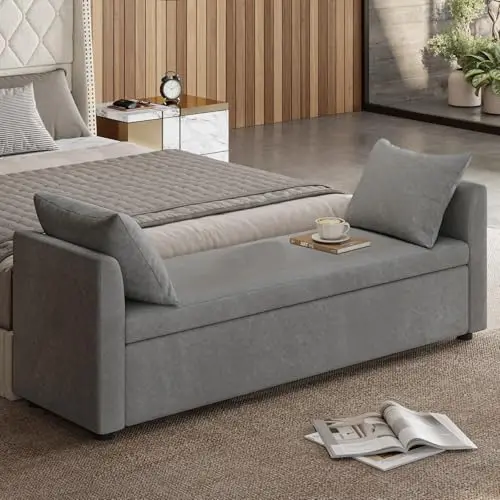 

Эко-скамья-пуф EcoHarbor с подушками, 59,4 дюйма, прикроватная скамья для спальни с подлокотниками, подставка для ног для гостиной, столовой