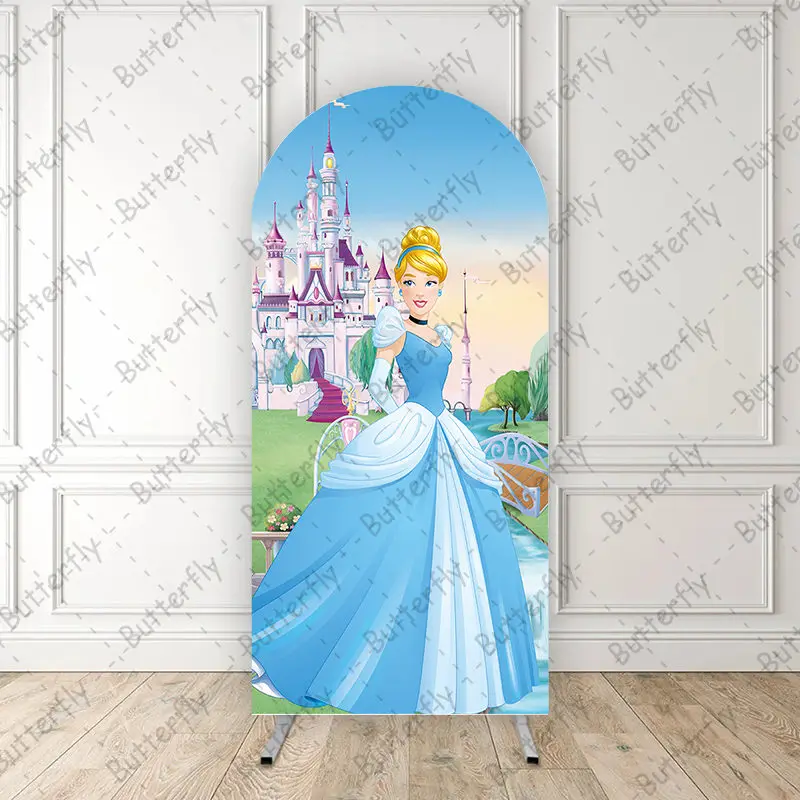 

Dreamy Castle Blue Dress Cinderella Princess Cartoon Disney Arch Photo Backdrop Cover Girls Birthday Party Background Decoration