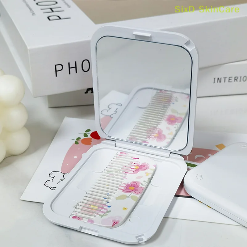 Colored Peach Flower Pattern Folding Makeup Mirror With Comb Portable Handheld For Women Girls Gift Beauty Tools