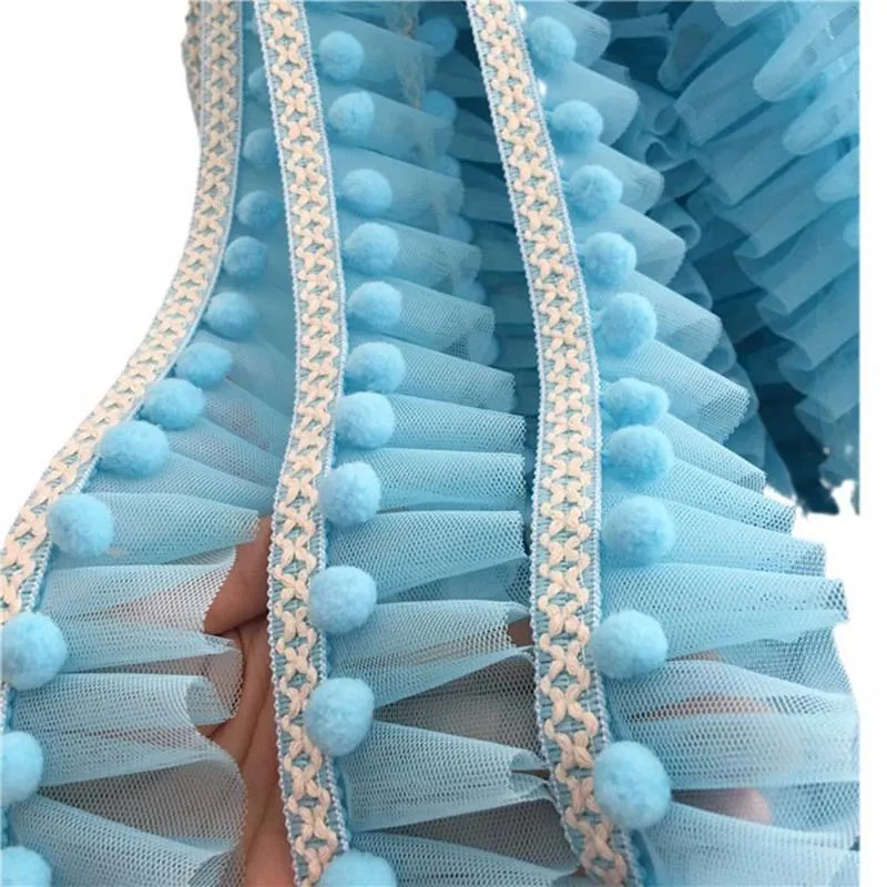 1lot/20Yards Mesh 3D Pleated Lace Collar Trim Embroidered Pompom Fringe Ribbon Dolls Sofa Dress Cloth Crafts Sewing Decor
