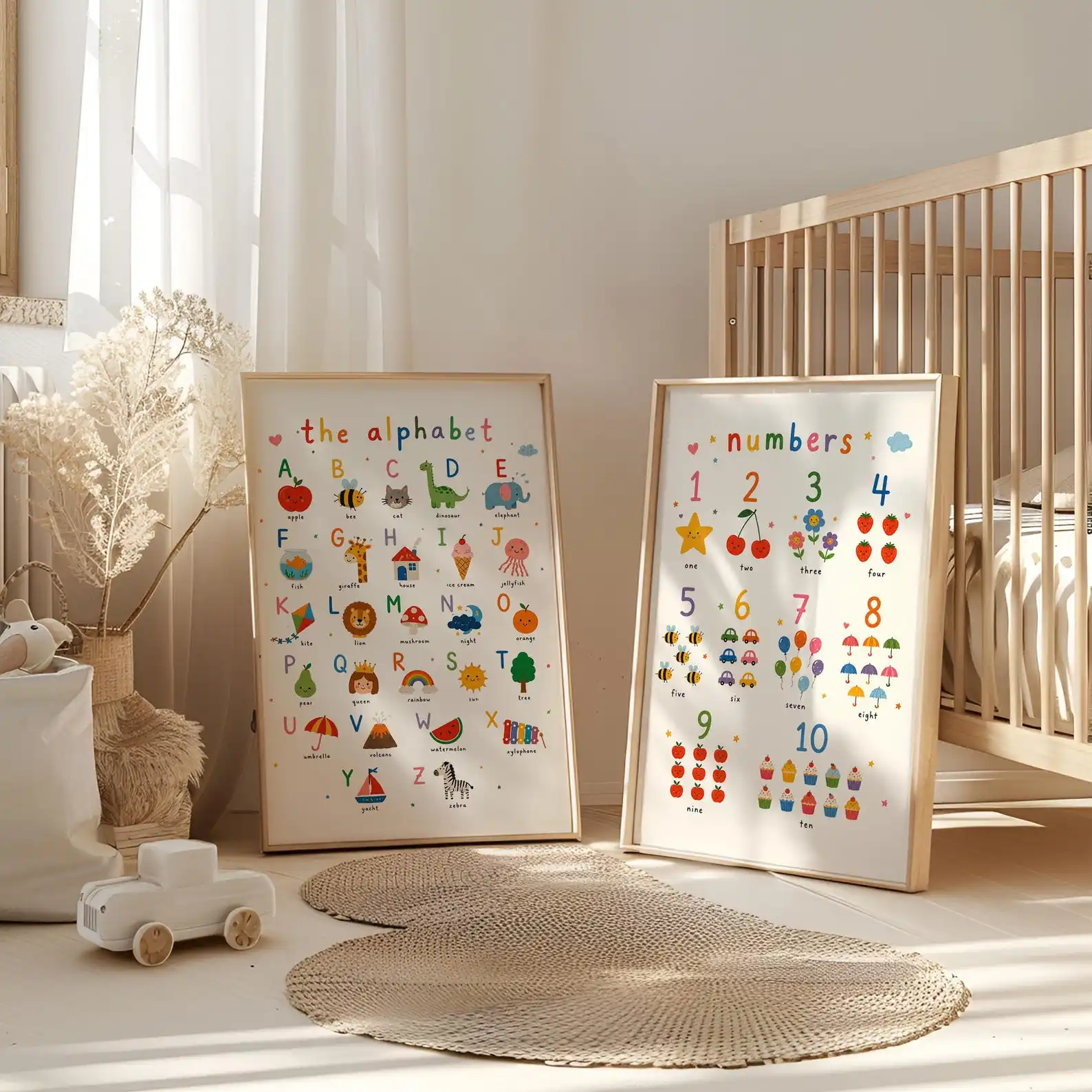 2pcs frameles,Alphabet & Numbers Canvas Wall Art Set of 2, Colorful Fruit Animal Educational Print, Learning Chart Wall Decor Un