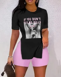 Summer 2024 Women's 2 Piece Shorts Sets Round Neck Print Short Sleeve T Shirts Tops Suits Side Split Elastic Waist Trousers