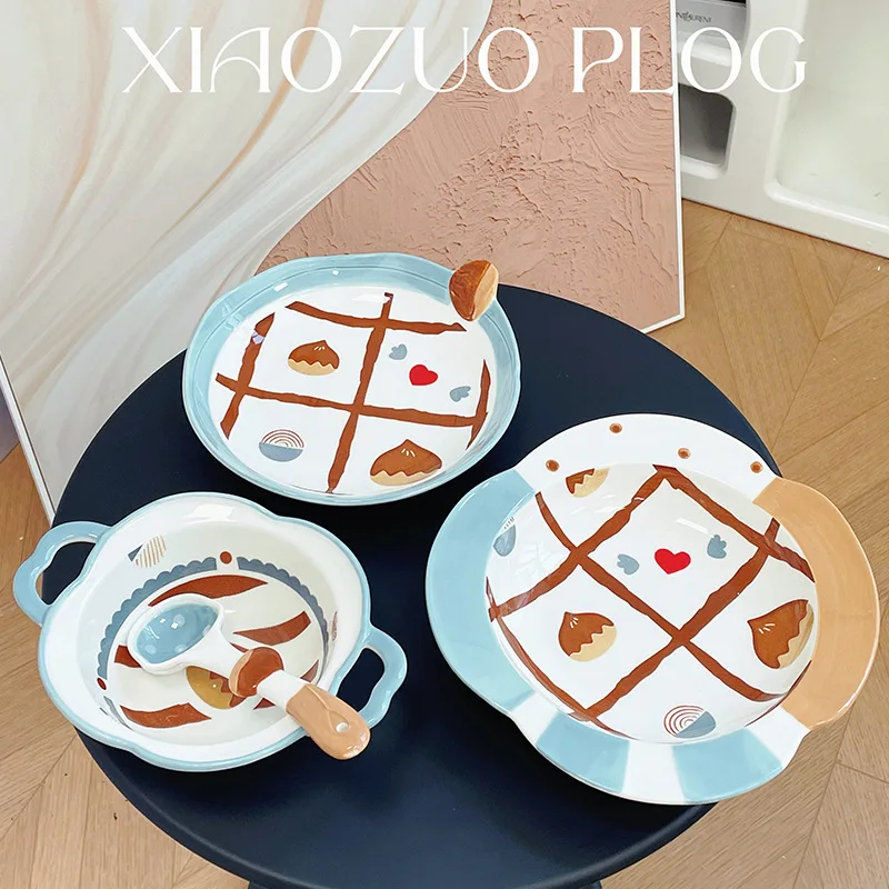 Hand-Paintd Ceramic Bowl, Chestnut Pattern Pot, Fish Plate, Blue Flower Shaped Tray, Snack Container, Spoon , Tableware