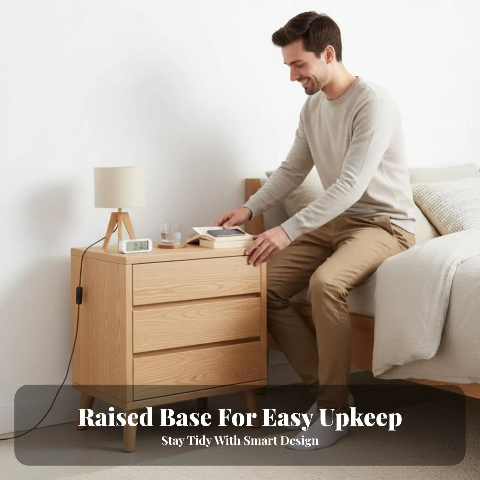 

Bedside Cabinet with Open Shelf Clean-Lined Design 2-Drawer Nightstand Modern Design Multitier Storage for Students, Bedroom