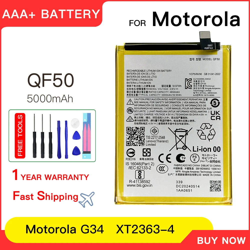 

100% genuine Battery 5000mAh QF50 Battery For Motorola G34 moto XT2363-4 QF 50 Replacement Batteries Batteria