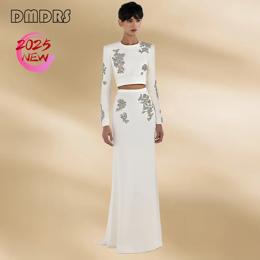 

DMDRS Women's 2-Piece Dress Set with Crystals S-XXL Sheath Long Dresses O Neck Long Sleeves White Formal Party Evening Dresses
