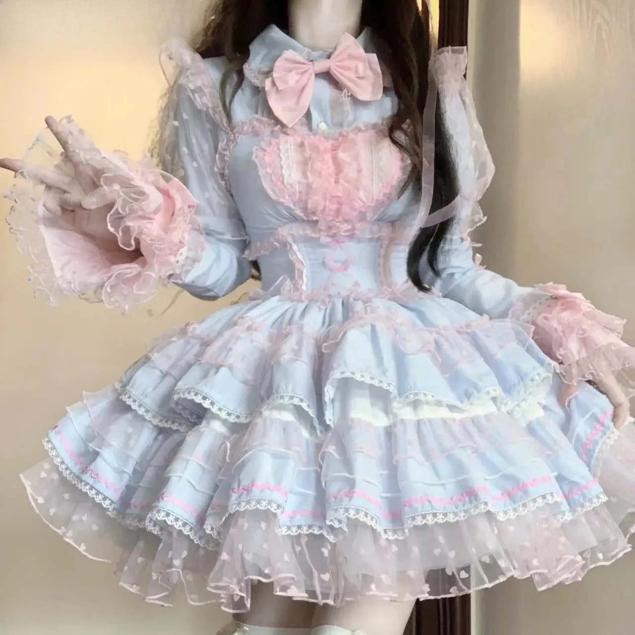 

2025 Lolita Style Blue Pink Dopamine Sweet Cute Lace Short Stitching Dress Summer New Girly Style High Waist Princess Lady Dress
