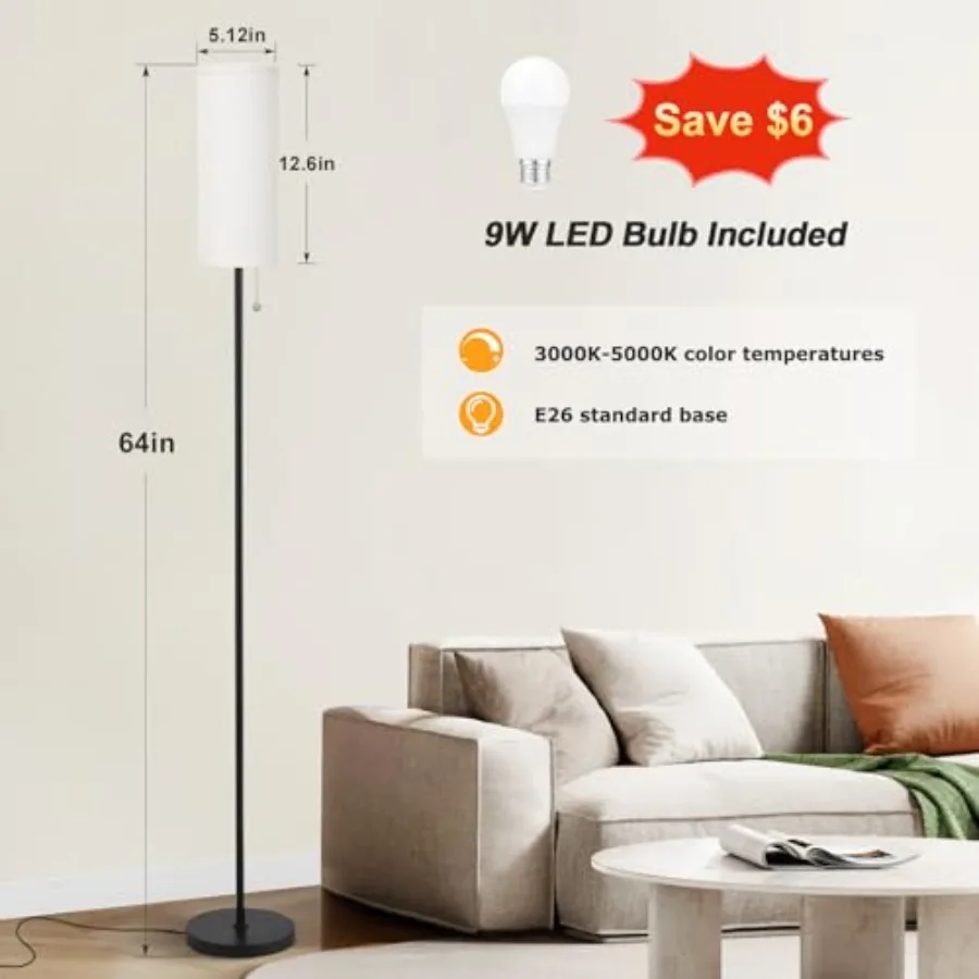 64'' Floor Lamp for Living Room with Bulb, 3 Color Temperature, Tall Lamps with Lampshade and Pull Chain Switch, Pole Lamps Sui