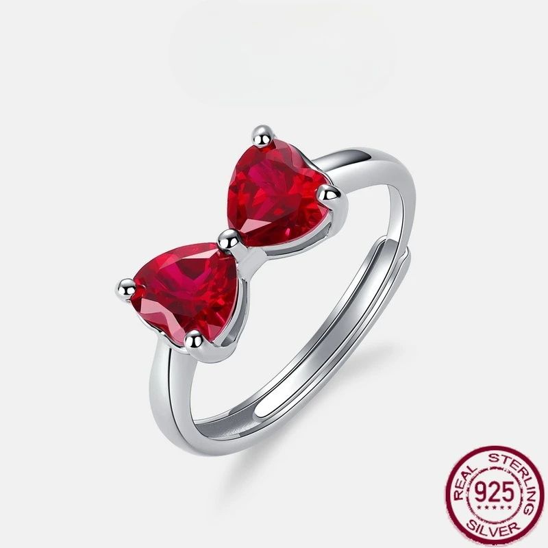 

New S925 Pure Silver Bow Love Red Treasure Ring Inlaid with Cultivation Color Treasure Wedding Jewelry