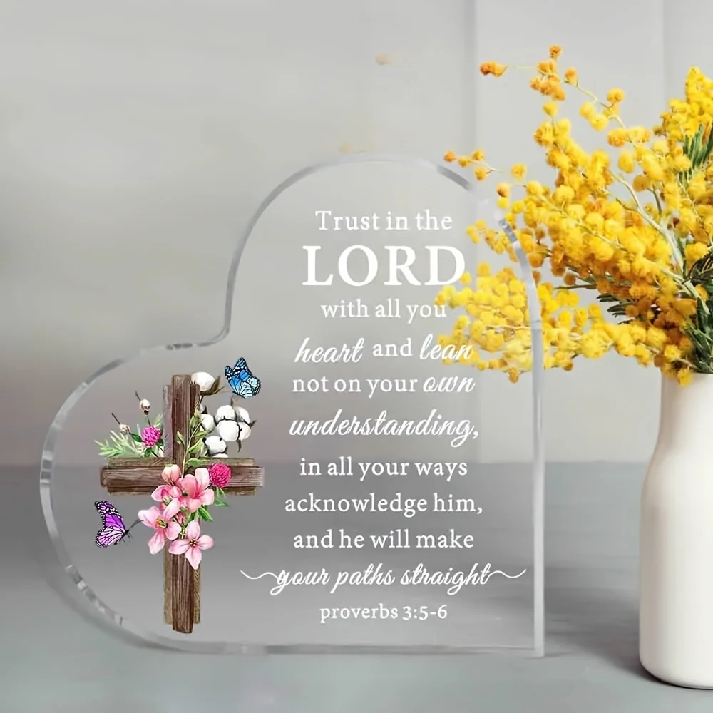2D， Heart shaped acrylic tabletop decoration - cross and scripture symbols, providing inspiring religious gifts