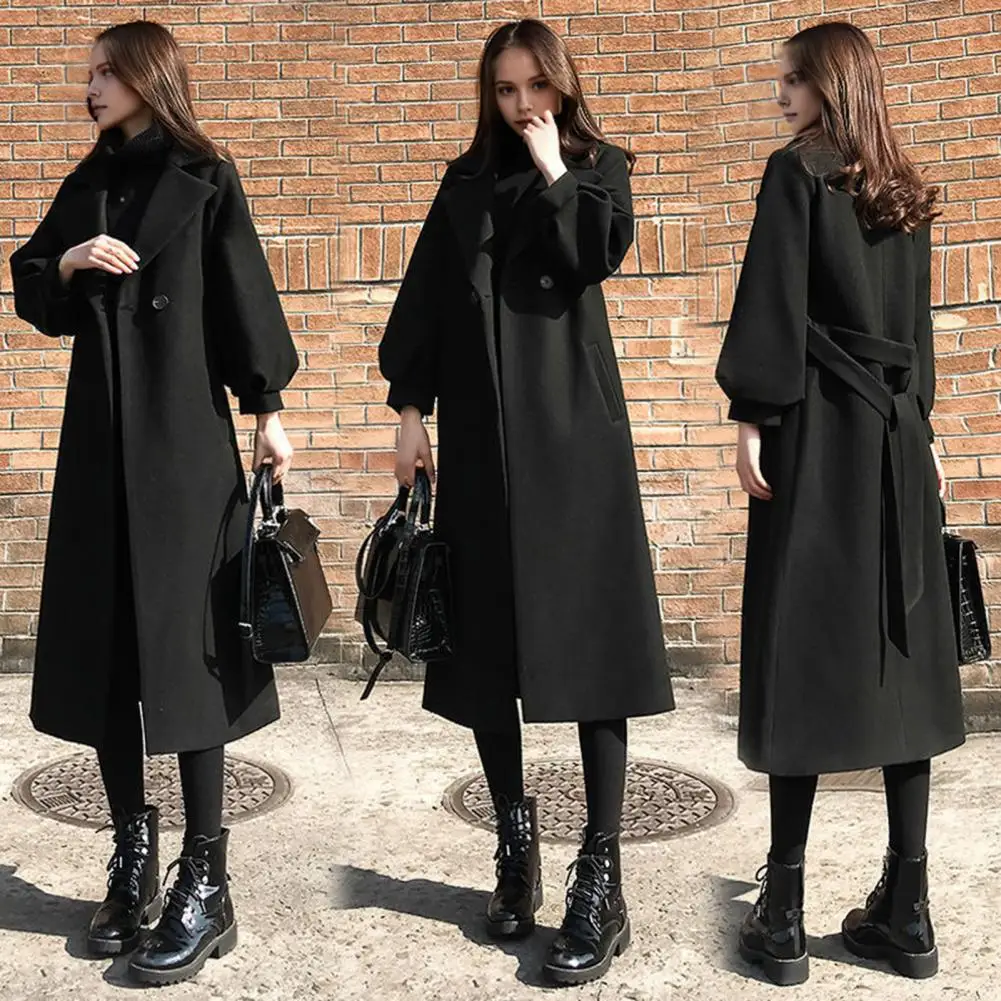 Women Winter Coat Formal Business Style Turn-down Collar Double Buttons Calf Length Overcoat OL Commuting Jacket Solid Color Thi