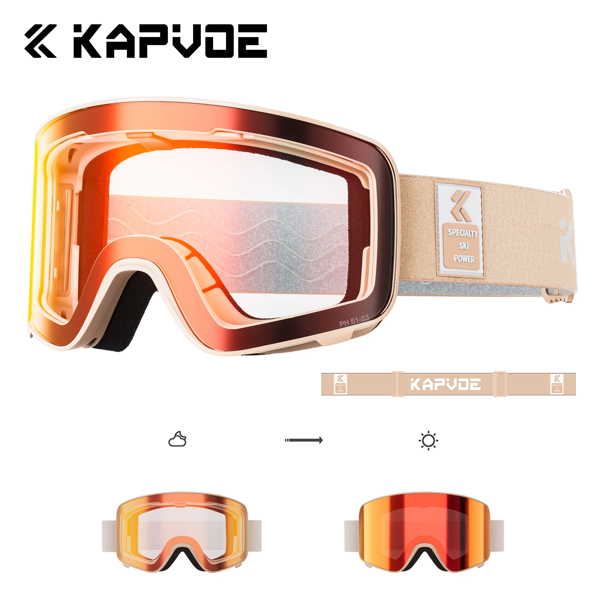 KAPVOE 調光スキーゴーグル 冬用 アウトドア スノーモービル スポーツ