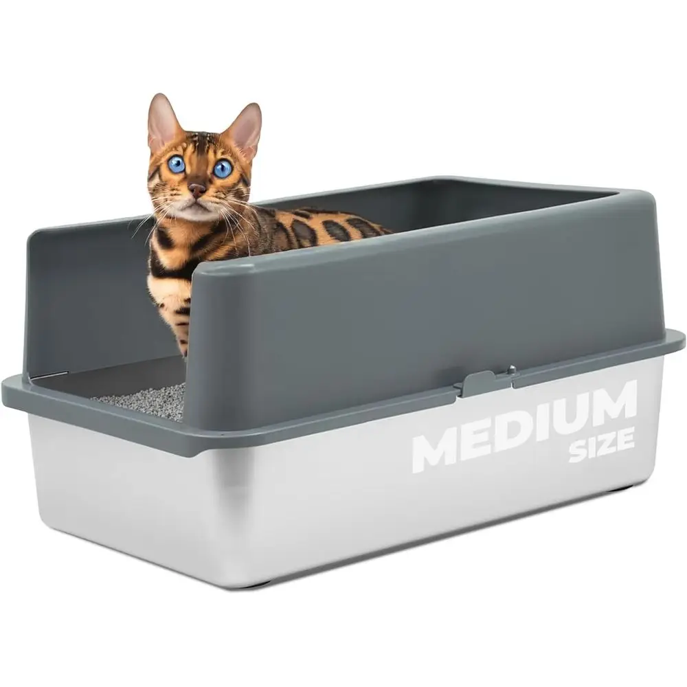

Средний лоток для кошек из нержавеющей стали с высокими бортиками и совком для легкой уборки и уменьшения рассыпания наполнителя