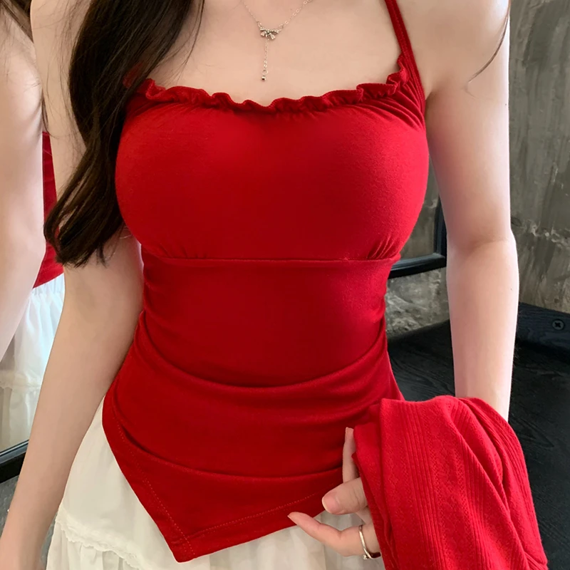 Irregular Red Halterneck Camisole Women\'s Summer Bottoming Short Top with Chest Pad for Outer Wear Women Clothing Chaleco