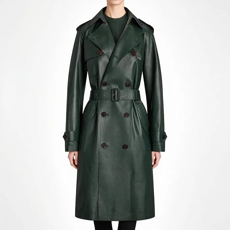Luxury High-quality Leather Trench Coat Soft PU Leather Jacket Women Spring/Fall Jacket Celebrity Double-breasted Belt Slim Coat