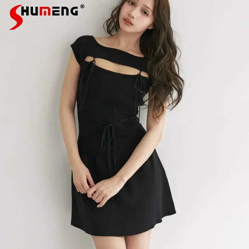 

Japanese Rojita Style Sexy Hollow Bow Lace-up Knitted Dress Slimming High-waisted Short Dresses Daily Wear Clothes For Ladies