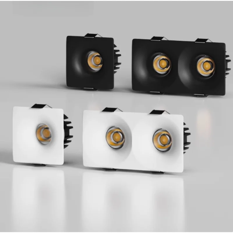 Embedded Square Curved-Edge Bezelless Downlight with 55/75MM Opening, Available in Single or Double Head Configuration.