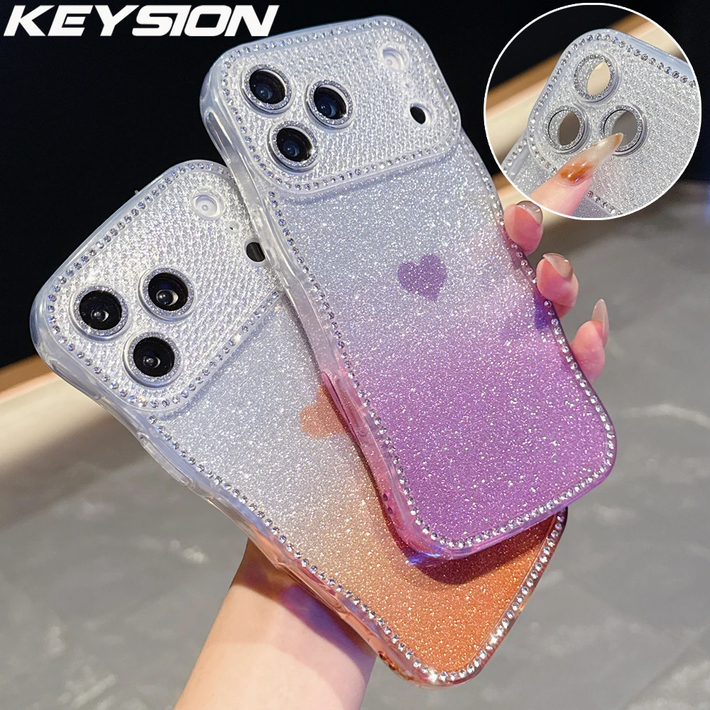 

KEYSION Gradient Love Heart Волнистый чехол для телефона для iPhone 13 14 15 16 17 Pro Max Блестящая защита объектива с драгоценными камнями Противоударный чехол