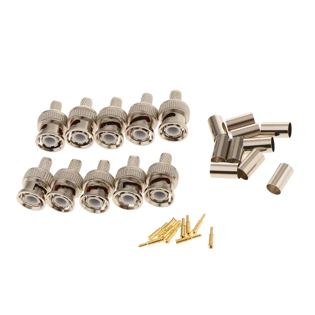 10 Pieces 3 in 1 Crimp On BNC Male Coax Coaxial Connector Worm BNC Plug Crimp Adapter Professional Fittings for RG59 Cable