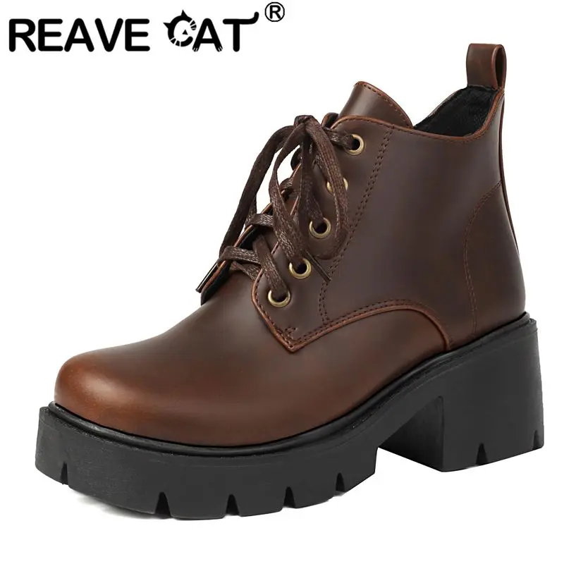 

REAVE CAT Fashion British Style Female Ankle Boots Round Toe Thick Heels Lace Up High Platform Big Size 41 42 43 Retro Bota