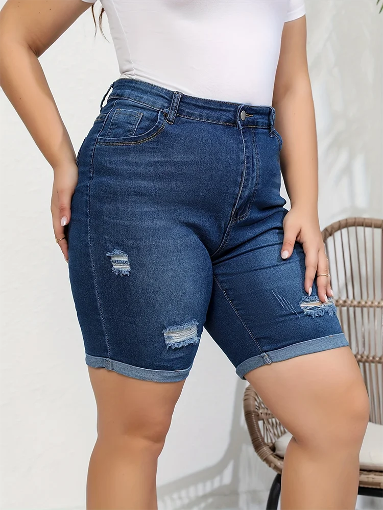 Klasyczne niebieskie zwinięte spodenki jeansowe Moda damska Uniwersalne gorące spodnie Plus Size Średnia talia Rozciągliwe dżinsy Solidne obcisłe