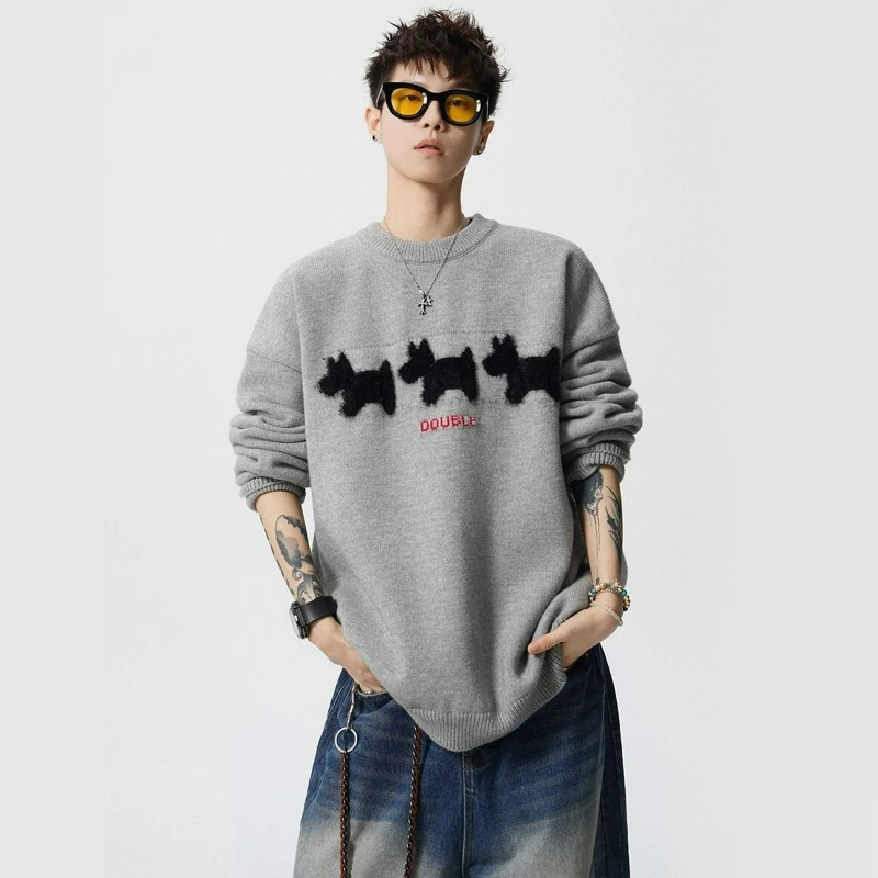 النمط الأمريكي الكرتون طباعة سترة الرجال 2026 شتاء موضة جديدة عادية الجولة الرقبة محبوك سترة فضفاضة تنوعا زوجين