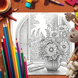 1PC Flowers and Window Coloring Book Drawings for Kids Teens Adults Creative Inspirational Stress Relief Relaxation 20 Pages