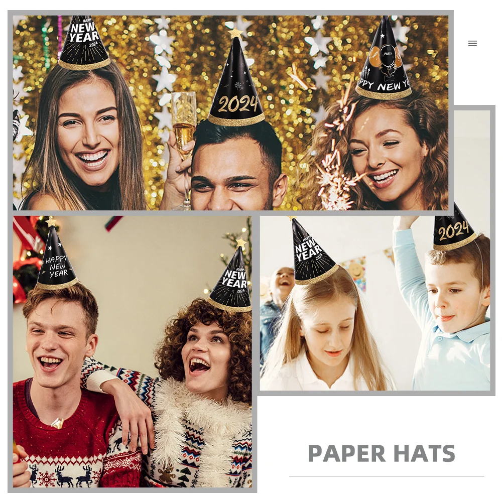 

18pcs New Year Party Hats 2024 Happy New Year Paper Cone Hats For Adults Party Supplies Favors Decorations Photography